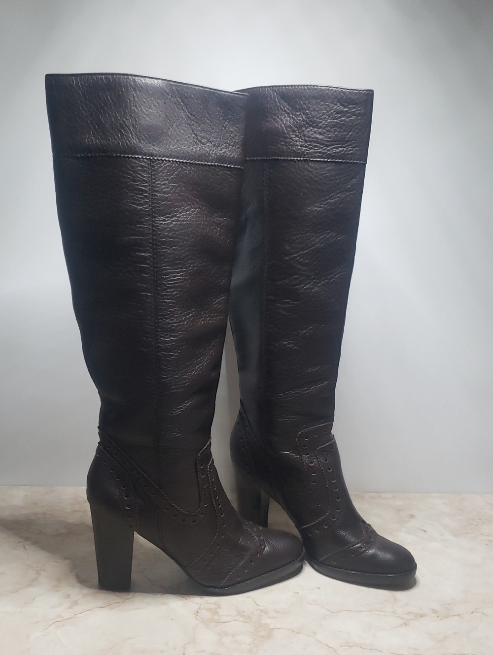 Michael Kors Dark Brown Leather Knee-High Heeled Pull On  Boots Size 6.5